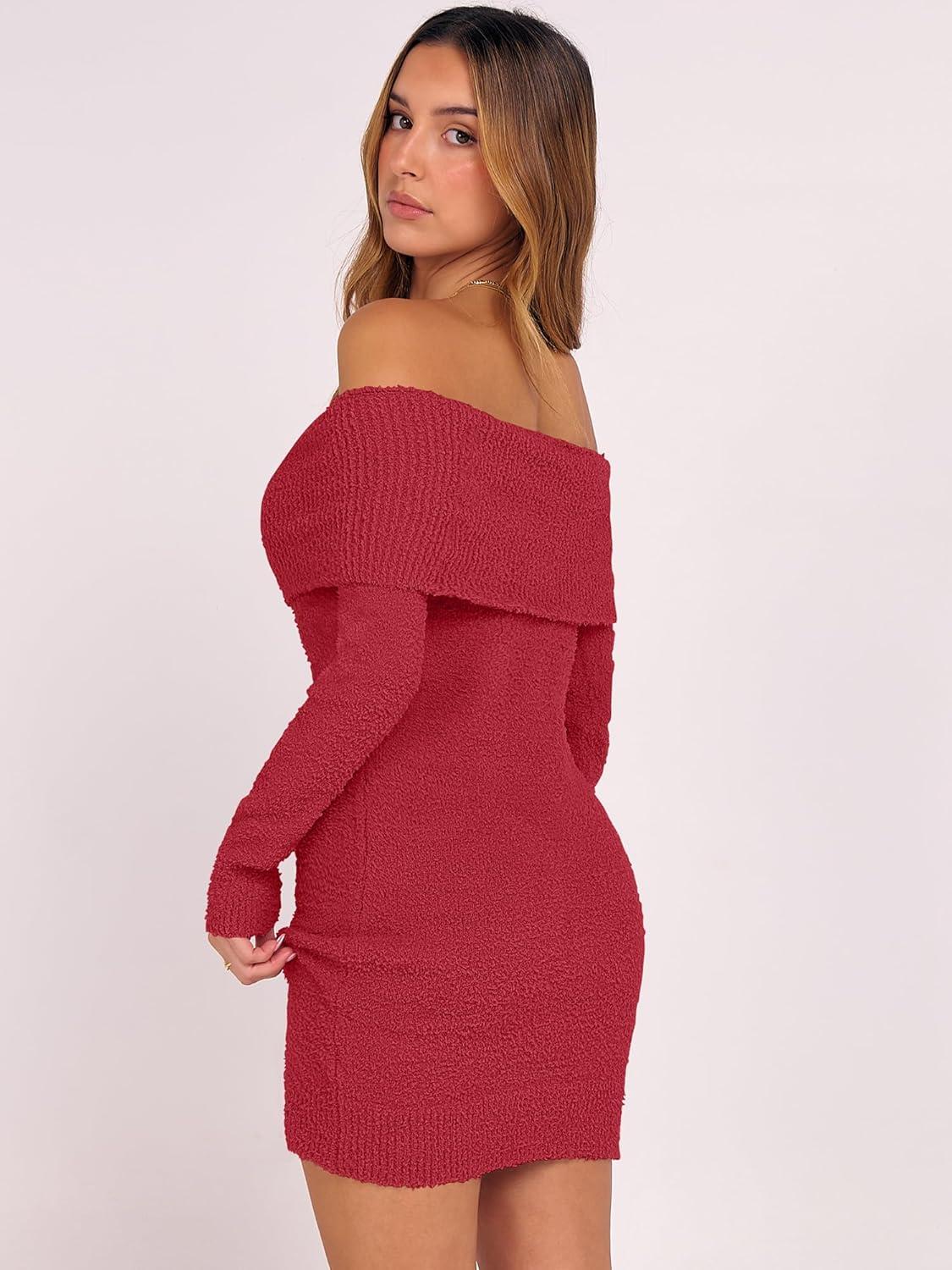 imageCaracilia Womens Off The Shoulder Sweater Mini Dress Long Sleeve Fuzzy Fleece Bodycon Cocktail Party 2025 Fall Short DressesRed