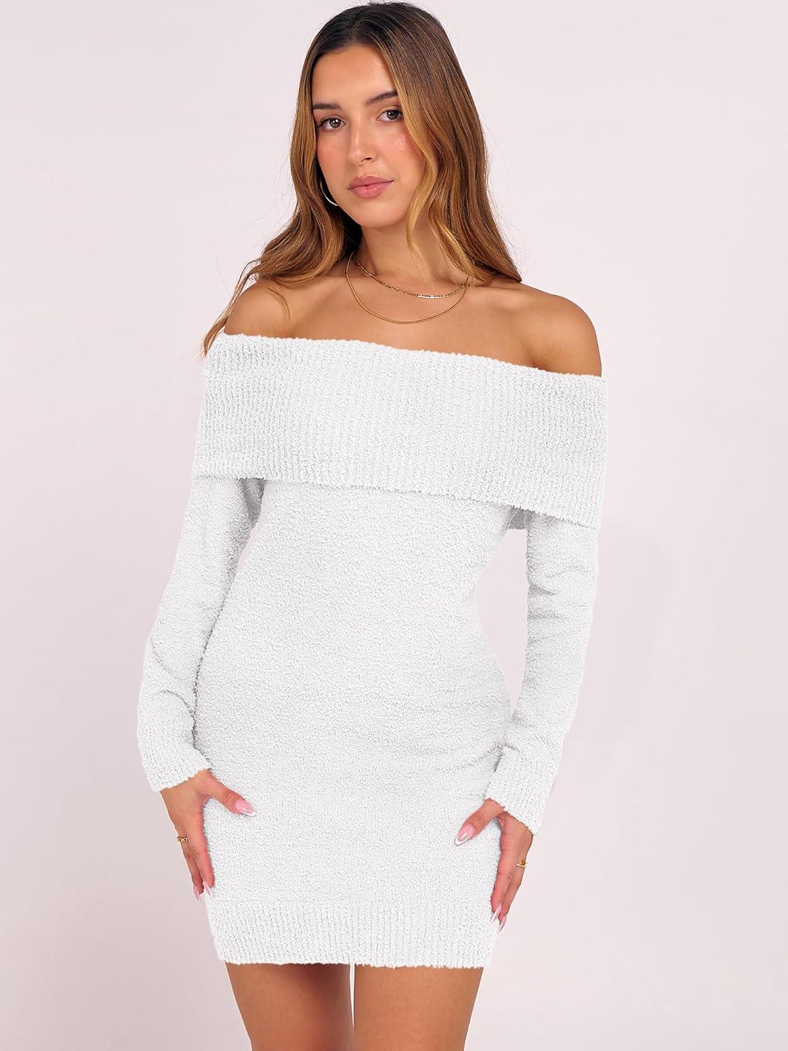 imageCaracilia Womens Off The Shoulder Sweater Mini Dress Long Sleeve Fuzzy Fleece Bodycon Cocktail Party 2025 Fall Short DressesWhite