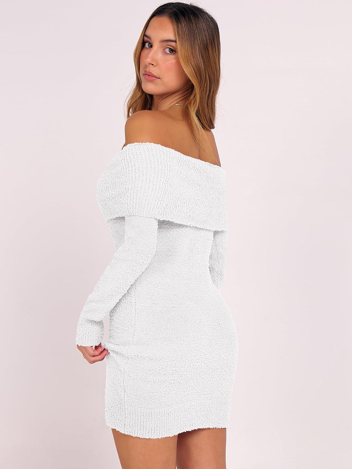 imageCaracilia Womens Off The Shoulder Sweater Mini Dress Long Sleeve Fuzzy Fleece Bodycon Cocktail Party 2025 Fall Short DressesWhite