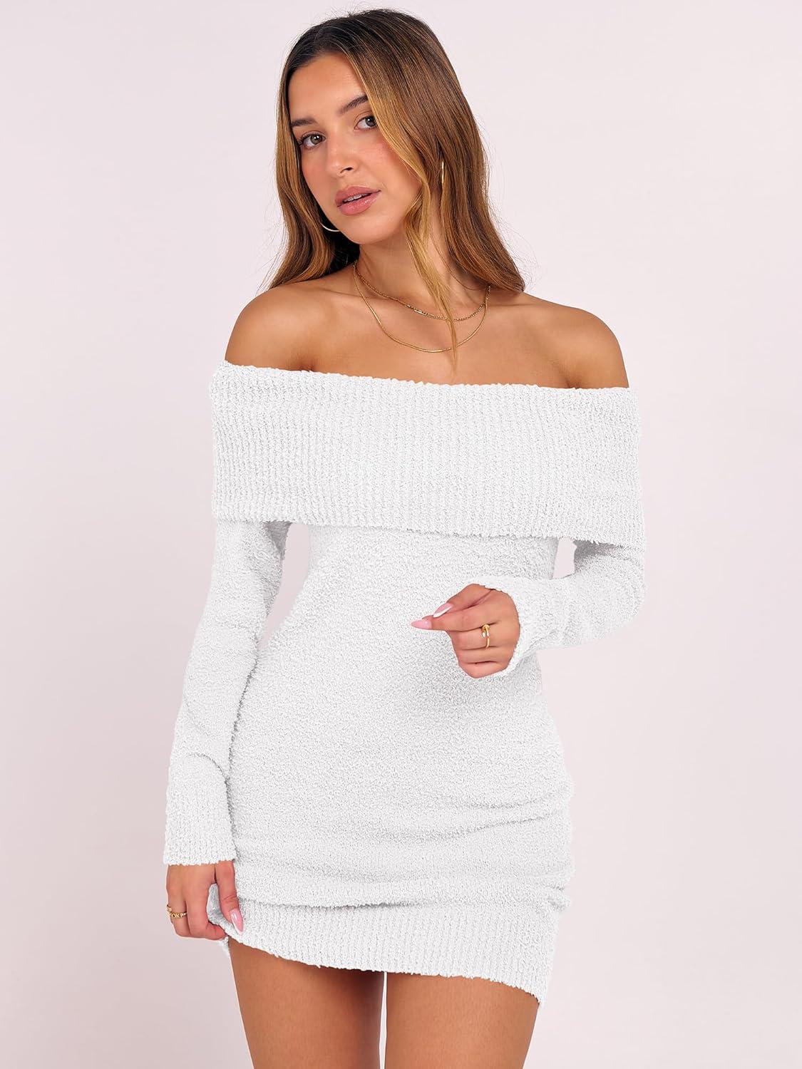 imageCaracilia Womens Off The Shoulder Sweater Mini Dress Long Sleeve Fuzzy Fleece Bodycon Cocktail Party 2025 Fall Short DressesWhite