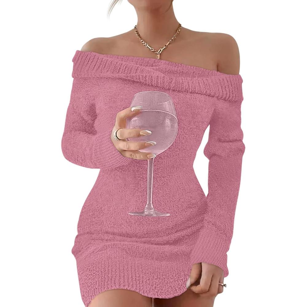imageCaracilia Womens Off The Shoulder Sweater Mini Dress Long Sleeve Fuzzy Fleece Bodycon Cocktail Party 2025 Fall Short DressesBlush Pink