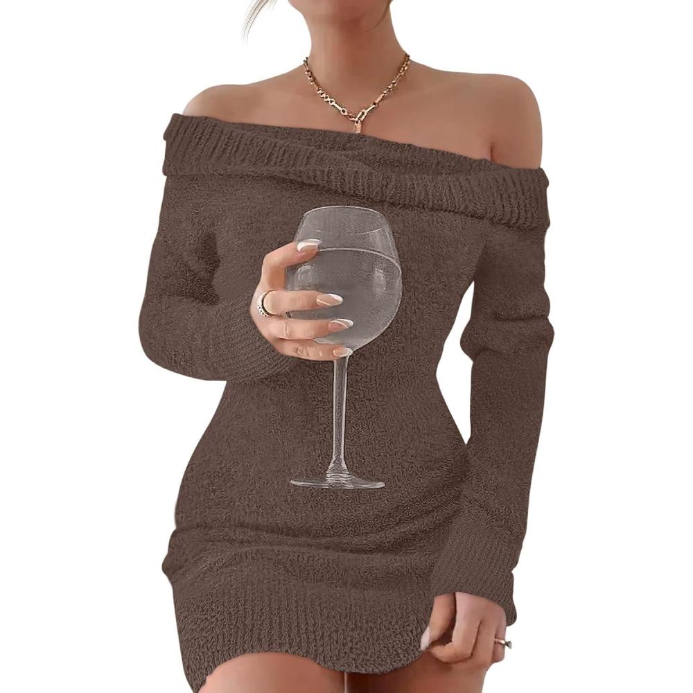 imageCaracilia Womens Off The Shoulder Sweater Mini Dress Long Sleeve Fuzzy Fleece Bodycon Cocktail Party 2025 Fall Short DressesCoffee