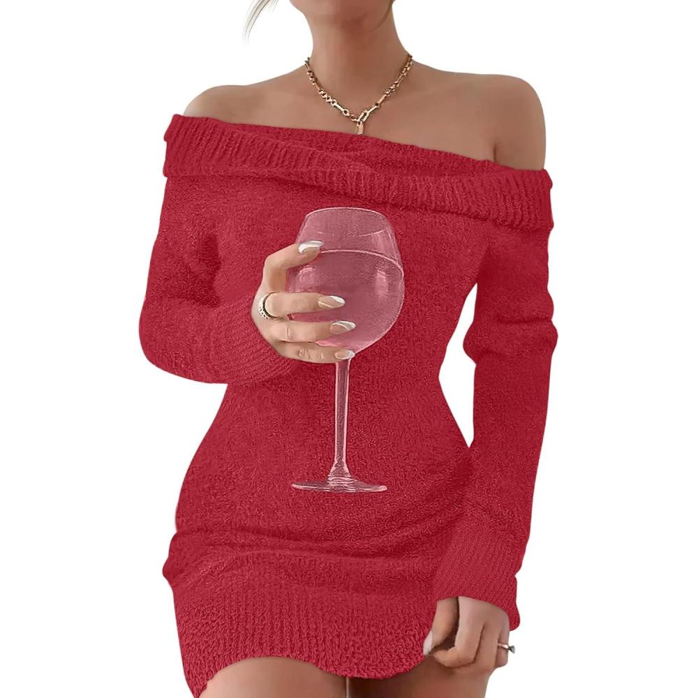 imageCaracilia Womens Off The Shoulder Sweater Mini Dress Long Sleeve Fuzzy Fleece Bodycon Cocktail Party 2025 Fall Short DressesRed