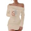 imageCaracilia Womens Off The Shoulder Sweater Mini Dress Long Sleeve Fuzzy Fleece Bodycon Cocktail Party 2025 Fall Short DressesAlmond Natural Linen