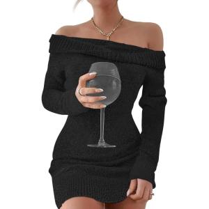 imageCaracilia Womens Off The Shoulder Sweater Mini Dress Long Sleeve Fuzzy Fleece Bodycon Cocktail Party 2025 Fall Short DressesBlack