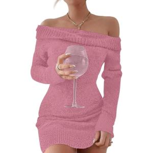 imageCaracilia Womens Off The Shoulder Sweater Mini Dress Long Sleeve Fuzzy Fleece Bodycon Cocktail Party 2025 Fall Short DressesBlush Pink