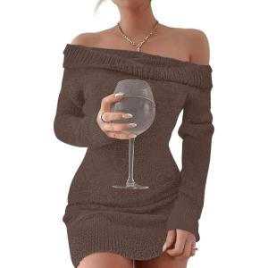 imageCaracilia Womens Off The Shoulder Sweater Mini Dress Long Sleeve Fuzzy Fleece Bodycon Cocktail Party 2025 Fall Short DressesCoffee