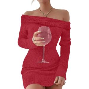 imageCaracilia Womens Off The Shoulder Sweater Mini Dress Long Sleeve Fuzzy Fleece Bodycon Cocktail Party 2025 Fall Short DressesRed