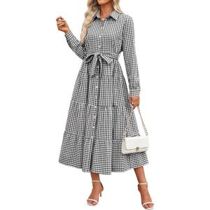 imageCaracilia Women Long Sleeve Maxi Dress 2025 Fall Casual Button Down Striped Plaid Tie Waist Shirt Dresses Vacation OutfitsBlack Plaid