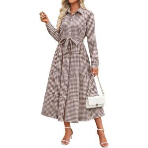 imageCaracilia Women Long Sleeve Maxi Dress 2025 Fall Casual Button Down Striped Plaid Tie Waist Shirt Dresses Vacation OutfitsBrown Plaid