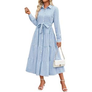 imageCaracilia Women Long Sleeve Maxi Dress 2025 Fall Casual Button Down Striped Plaid Tie Waist Shirt Dresses Vacation OutfitsLight Blue Plaid