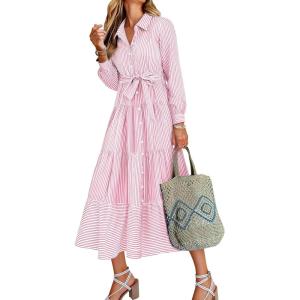 imageCaracilia Women Long Sleeve Maxi Dress 2025 Fall Casual Button Down Striped Plaid Tie Waist Shirt Dresses Vacation OutfitsPink Stripe