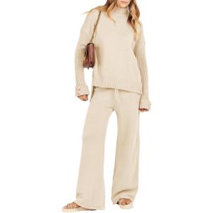 imageCaracilia Womens 2 Piece Sweater Set Knit Pullover Wide Leg Pants Lounge Matching Sets 2024 Fall Fashion Travel OutfitsBeige