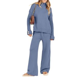 imageCaracilia Womens 2 Piece Sweater Set Knit Pullover Wide Leg Pants Lounge Matching Sets 2024 Fall Fashion Travel OutfitsDeep Blue