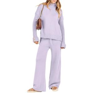 imageCaracilia Womens 2 Piece Sweater Set Knit Pullover Wide Leg Pants Lounge Matching Sets 2024 Fall Fashion Travel OutfitsPurple