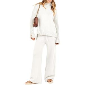 imageCaracilia Womens 2 Piece Sweater Set Knit Pullover Wide Leg Pants Lounge Matching Sets 2024 Fall Fashion Travel OutfitsWhite