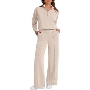 imageCaracilia 2 Piece Outfits for Women Fall Sweatsuits Oversized Half Zip Sweatshirt Sweatpant Matching Lounge Sets TracksuitApricot