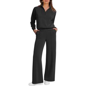 imageCaracilia 2 Piece Outfits for Women Fall Sweatsuits Oversized Half Zip Sweatshirt Sweatpant Matching Lounge Sets TracksuitBlack