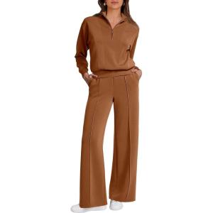 imageCaracilia 2 Piece Outfits for Women Fall Sweatsuits Oversized Half Zip Sweatshirt Sweatpant Matching Lounge Sets TracksuitCaramel