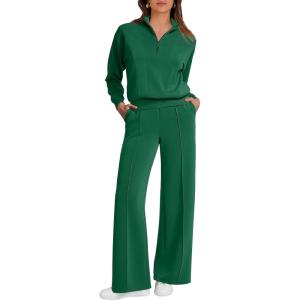 imageCaracilia 2 Piece Outfits for Women Fall Sweatsuits Oversized Half Zip Sweatshirt Sweatpant Matching Lounge Sets TracksuitGreen