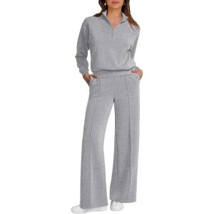 imageCaracilia 2 Piece Outfits for Women Fall Sweatsuits Oversized Half Zip Sweatshirt Sweatpant Matching Lounge Sets TracksuitLight Grey