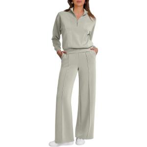imageCaracilia 2 Piece Outfits for Women Fall Sweatsuits Oversized Half Zip Sweatshirt Sweatpant Matching Lounge Sets TracksuitLight Khaki