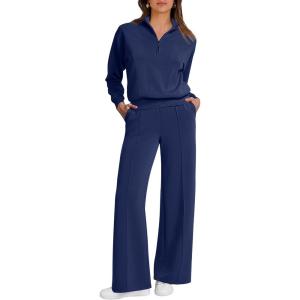 imageCaracilia 2 Piece Outfits for Women Fall Sweatsuits Oversized Half Zip Sweatshirt Sweatpant Matching Lounge Sets TracksuitNavy Blue