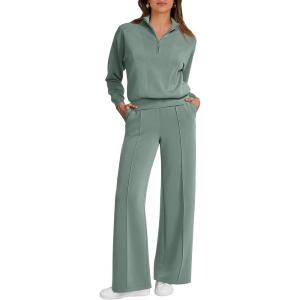 imageCaracilia 2 Piece Outfits for Women Fall Sweatsuits Oversized Half Zip Sweatshirt Sweatpant Matching Lounge Sets TracksuitPea Green