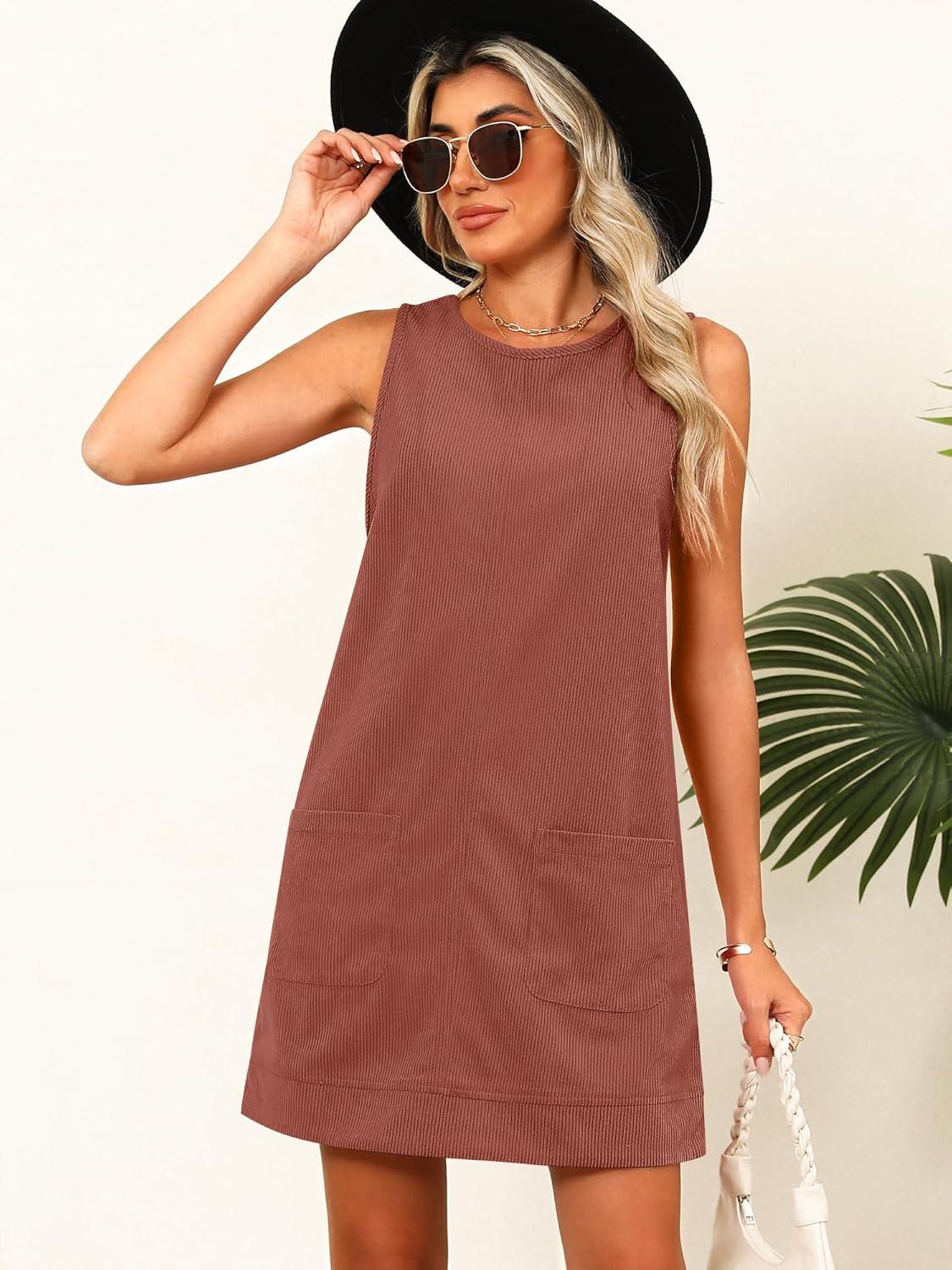 imageCaracilia Women Fall Dress 2025 Corduroy Overall Pinafore Skirtall Jumper Dresses with PocketsRust Brown