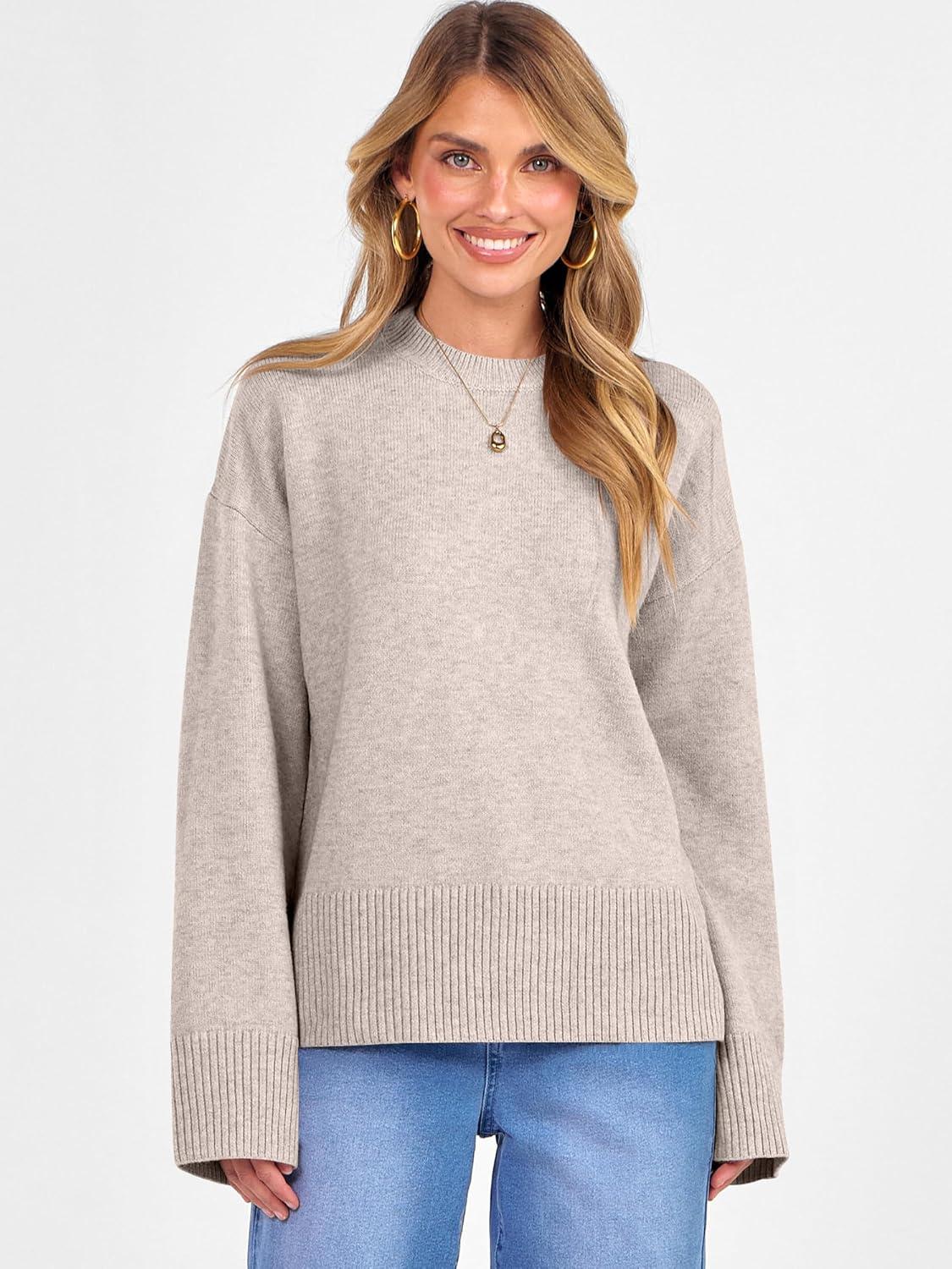 imageCaracilia Womens Oversized Sweaters 2025 Fall Long Sleeve Loose Knit Casual Chunky Pullover SweaterAlmond