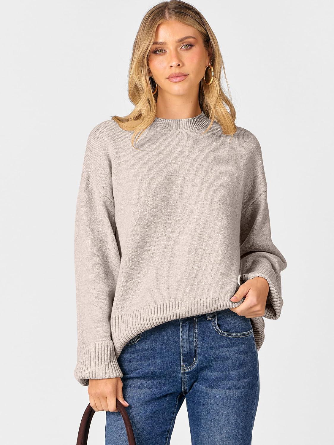 imageCaracilia Womens Oversized Sweaters 2025 Fall Long Sleeve Loose Knit Casual Chunky Pullover SweaterAlmond