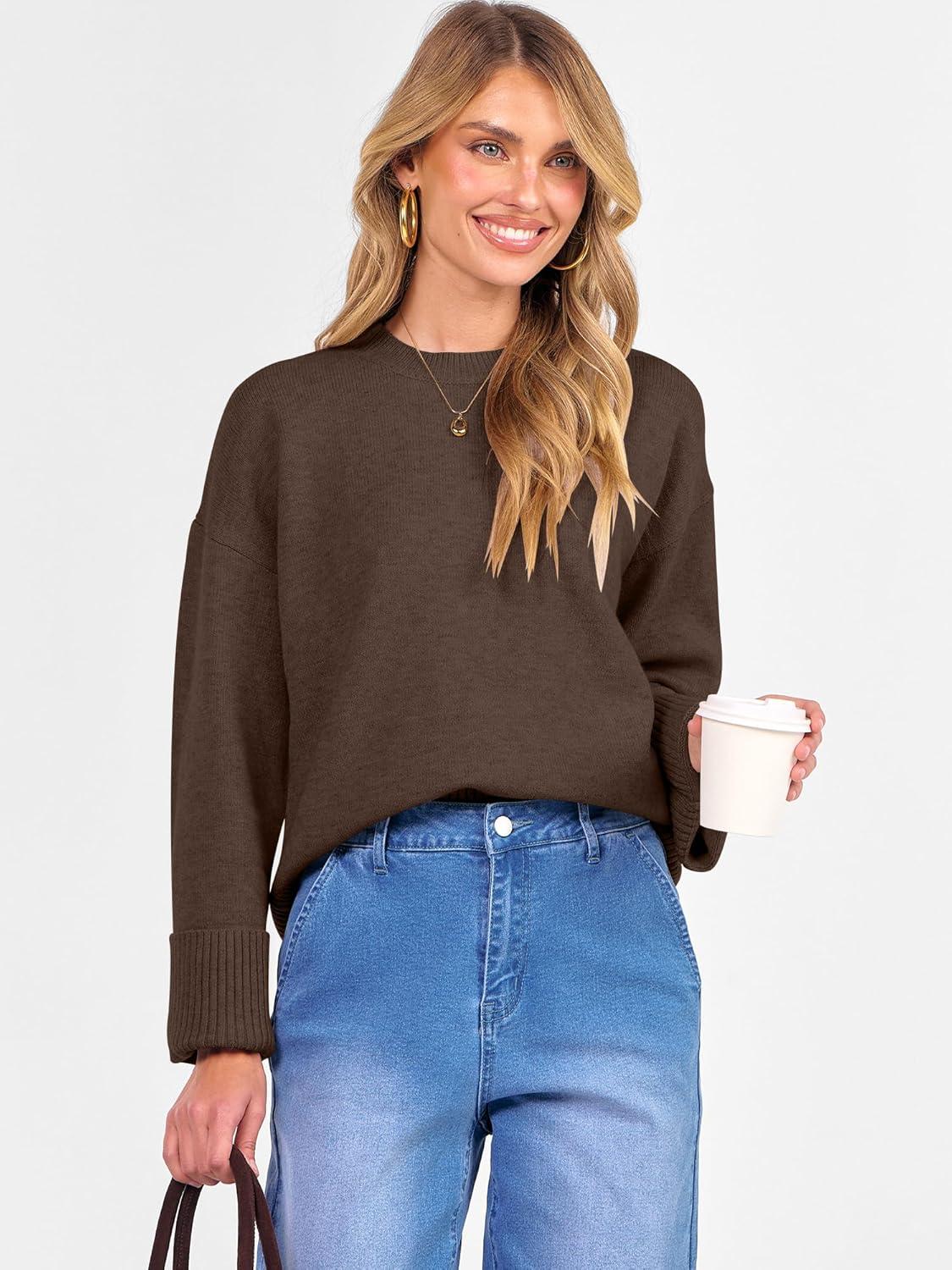 imageCaracilia Womens Oversized Sweaters 2025 Fall Long Sleeve Loose Knit Casual Chunky Pullover SweaterCoffee