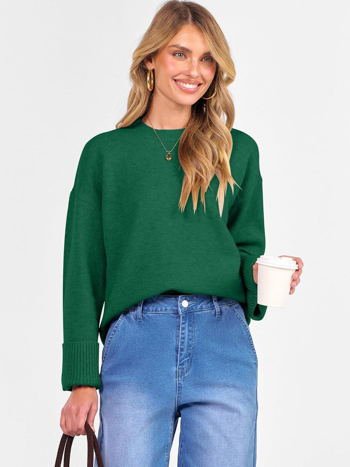 imageCaracilia Womens Oversized Sweaters 2025 Fall Long Sleeve Loose Knit Casual Chunky Pullover SweaterForest Green