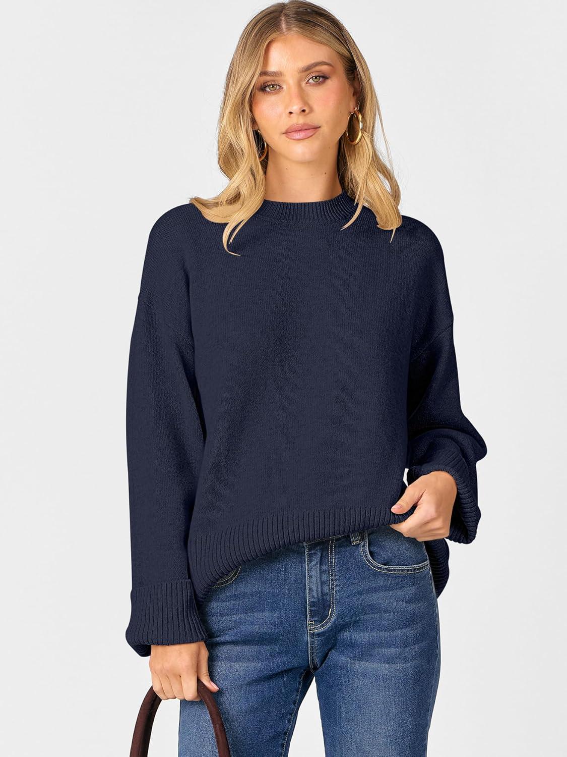 imageCaracilia Womens Oversized Sweaters 2025 Fall Long Sleeve Loose Knit Casual Chunky Pullover SweaterNavy Blue