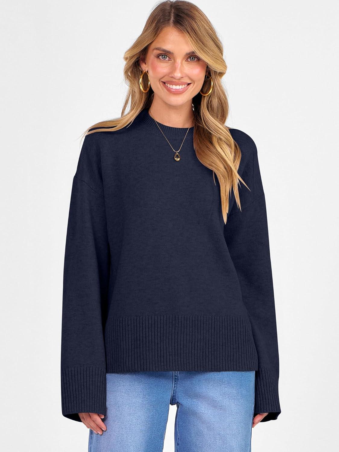 imageCaracilia Womens Oversized Sweaters 2025 Fall Long Sleeve Loose Knit Casual Chunky Pullover SweaterNavy Blue
