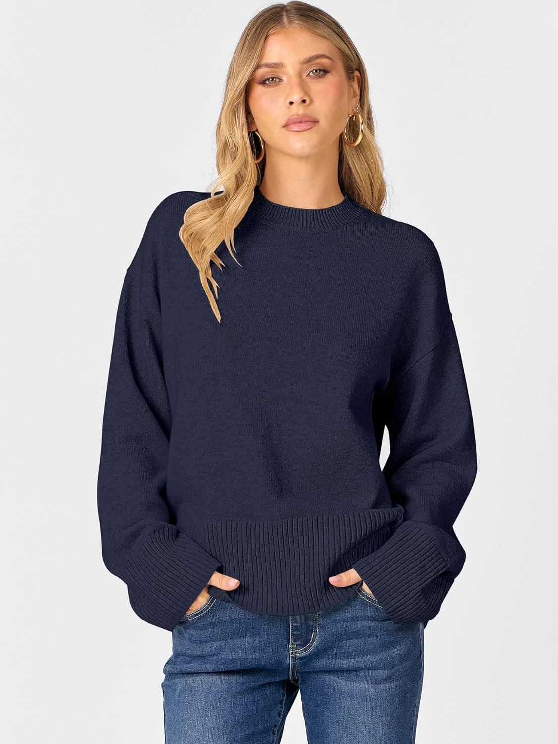 imageCaracilia Womens Oversized Sweaters 2025 Fall Long Sleeve Loose Knit Casual Chunky Pullover SweaterNavy Blue
