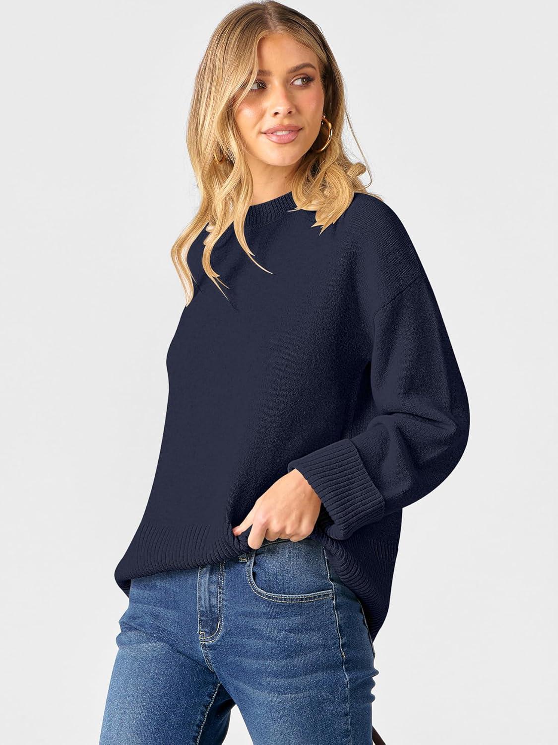 imageCaracilia Womens Oversized Sweaters 2025 Fall Long Sleeve Loose Knit Casual Chunky Pullover SweaterNavy Blue