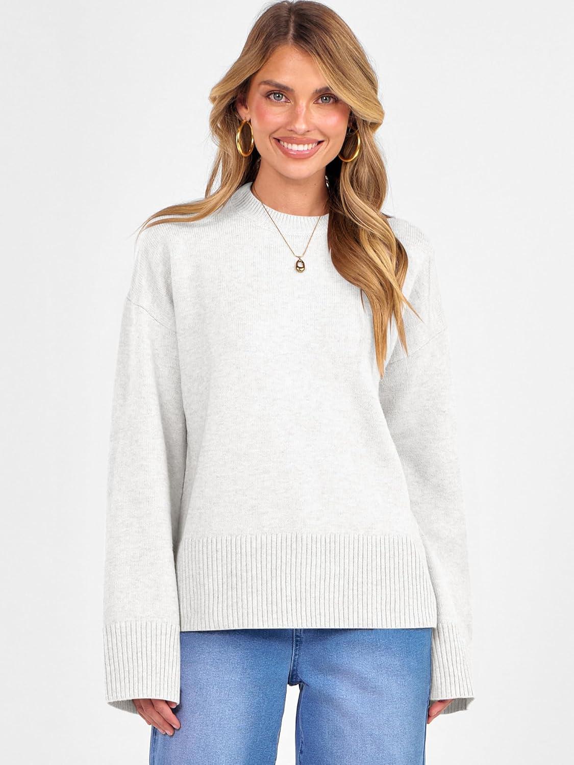 imageCaracilia Womens Oversized Sweaters 2025 Fall Long Sleeve Loose Knit Casual Chunky Pullover SweaterWhite