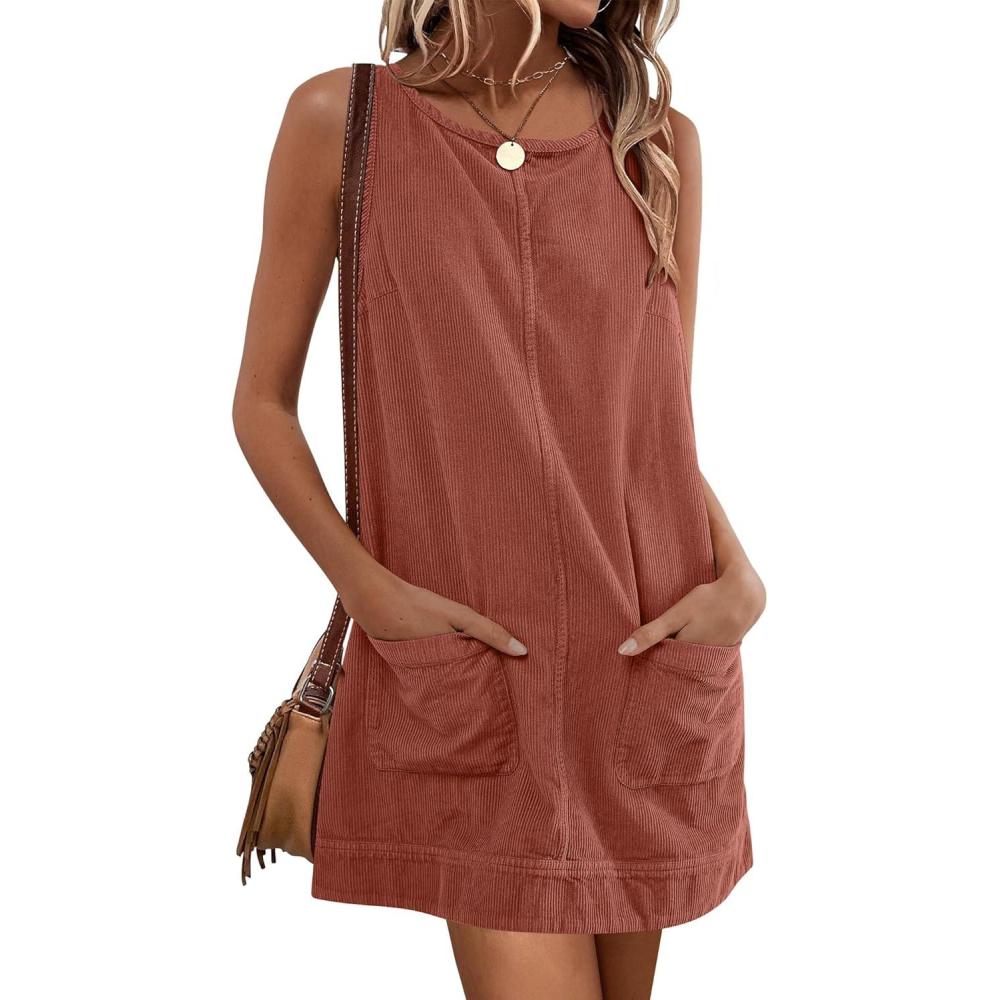 imageCaracilia Women Fall Dress 2025 Corduroy Overall Pinafore Skirtall Jumper Dresses with PocketsRust Brown