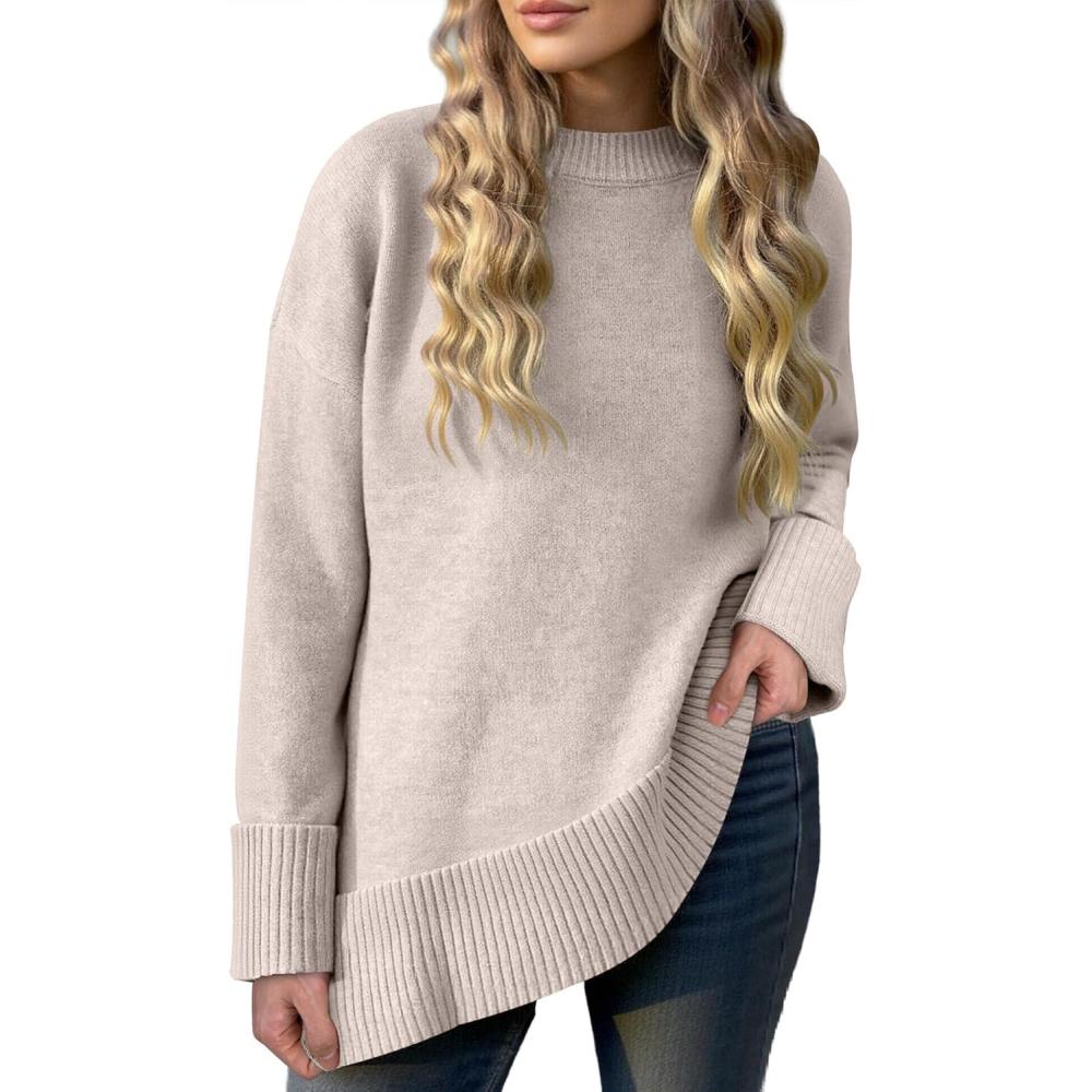 imageCaracilia Womens Oversized Sweaters 2025 Fall Long Sleeve Loose Knit Casual Chunky Pullover SweaterAlmond