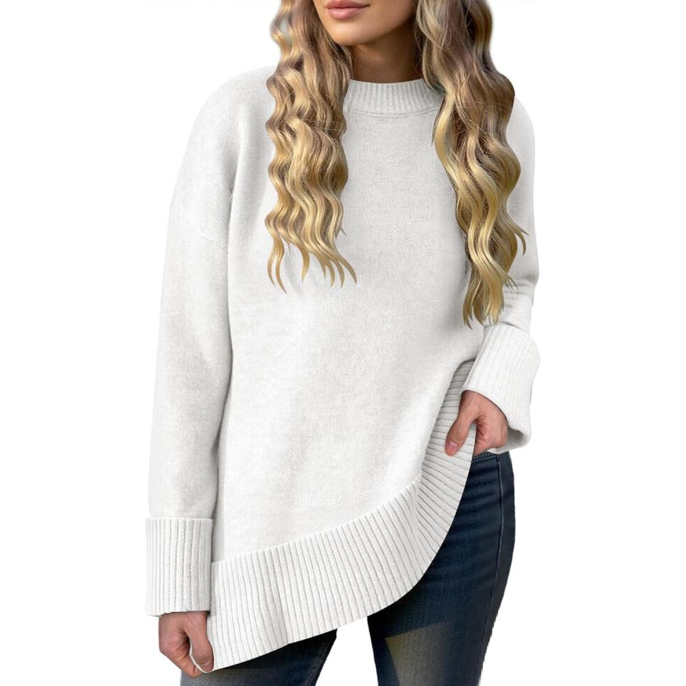 imageCaracilia Womens Oversized Sweaters 2025 Fall Long Sleeve Loose Knit Casual Chunky Pullover SweaterWhite