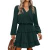 imageCaracilia Long Sleeve Dress for Women Fall 2025 Casual V Neck High Waist Tiered Ruffle Aline Swing Tunic Short Mini DressesDeep Green