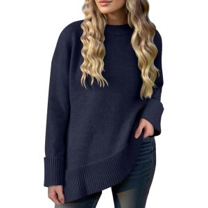 imageCaracilia Womens Oversized Sweaters 2025 Fall Long Sleeve Loose Knit Casual Chunky Pullover SweaterNavy Blue