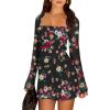 imageCaracilia Womens Sexy Mesh Ruched Mini Dresses Long Sleeve Square Neck Tie Fall Club Party Cocktail Short Dress 2025 FashionBlack Floral
