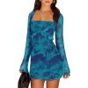 imageCaracilia Womens Sexy Mesh Ruched Mini Dresses Long Sleeve Square Neck Tie Fall Club Party Cocktail Short Dress 2025 FashionFloral Deep Blue