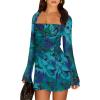 imageCaracilia Womens Sexy Mesh Ruched Mini Dresses Long Sleeve Square Neck Tie Fall Club Party Cocktail Short Dress 2025 FashionGreen Floral