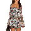 imageCaracilia Womens Sexy Mesh Ruched Mini Dresses Long Sleeve Square Neck Tie Fall Club Party Cocktail Short Dress 2025 FashionMulti Floral