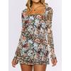 imageCaracilia Womens Sexy Mesh Ruched Mini Dresses Long Sleeve Square Neck Tie Fall Club Party Cocktail Short Dress 2025 FashionMulti Floral