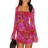 imageCaracilia Womens Sexy Mesh Ruched Mini Dresses Long Sleeve Square Neck Tie Fall Club Party Cocktail Short Dress 2025 FashionPeony Red Flor