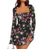 imageCaracilia Womens Sexy Mesh Ruched Mini Dresses Long Sleeve Square Neck Tie Fall Club Party Cocktail Short Dress 2025 FashionBlack Floral